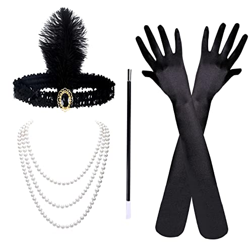 AYNKH 1920 Accessoires Set 4 Stück 1920er Mode Flapper Zubehör Great Gatsby für Frauen Zigarette Stirnband lange schwarze Handschuhe Halskette von AYNKH