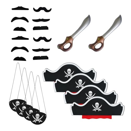 AYNKH 22 Pcs Piraten Deko Kindergeburtstag Set 4 Pcs Piratenhut Kinder 4 Pcs Augenklappe Pirat 2 Piratenschwert 12 Piraten-Bart für Geburtstag Halloween Maskerade Piratenparty von AYNKH