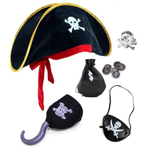 AYNKH 5 Stück Piratenkapitän Kostüm Zubehör Set, Piratenhut, Totenkopf Augenmaske, Piratentuch Haken, Schwarzer Geldbeutel, Piraten Ring, Halloween Party Zubehör Piratenkostüm für Kinder Erwachsene von AYNKH