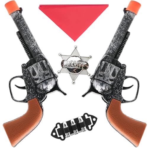 AYNKH 5-teiliges Kids Wild West Cowboy Sheriff Double Gun Set mit 2 Cowboy Toy Guns, Red Bandana, Bullet Clip und Sheriff Badge für Rollenspiel, Drama Performance, Dress Up Party AYNKH 5-teiliges Kids Wild West Cowboy Sheriff Double Gun Set mit 2 Cowboy Toy Guns, Red Bandana, Bullet Clip und Sheriff Badge für Rollenspiel, Drama Performance, Dress Up Party von AYNKH