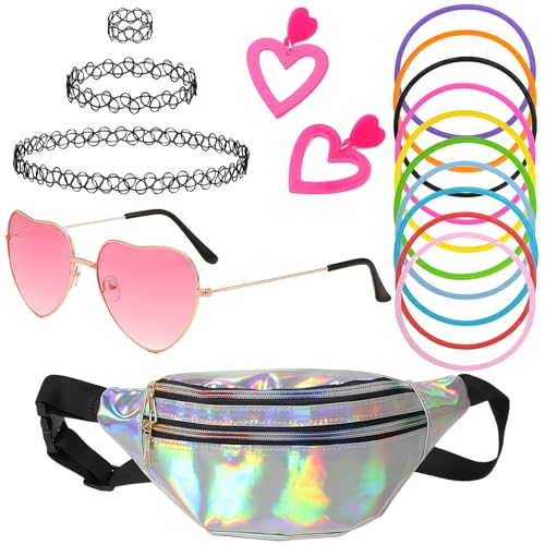 AYNKH 5-teiliges Retro-Outfit für Damen aus den 1990er Jahren, Komplett mit Herzförmiger Sonnenbrille, Rosa-Silberner Gürteltasche, Halskette und femininen Festival-Hippie-Accessoires AYNKH 5-teiliges Retro-Outfit für Damen aus den 1990er Jahren, Komplett mit Herzförmiger Sonnenbrille, Rosa-Silberner Gürteltasche, Halskette und femininen Festival-Hippie-Accessoires von AYNKH