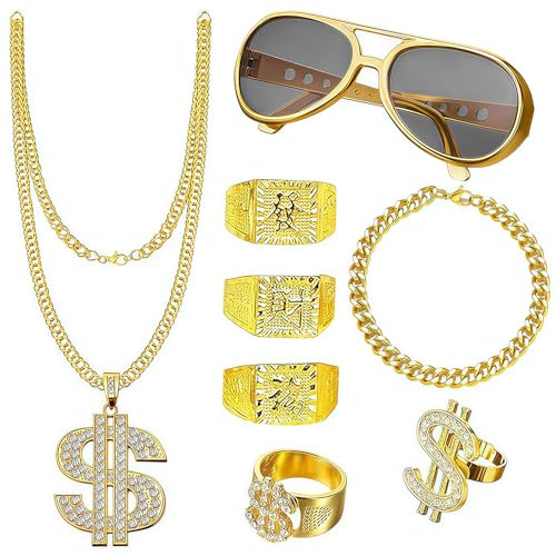 AYNKH 8 Stück Zuhälter Kostüm, 80er 90er Jahre Outfit Herren Hip Hop Rapper Kostüm, Dollar-Zeichen-Halskette, gefälschte Goldarmbänder, Hip-Hop-Ringe für Karneval Fasching Mottoparty AYNKH 8 Stück Zuhälter Kostüm, 80er 90er Jahre Outfit Herren Hip Hop Rapper Kostüm, Dollar-Zeichen-Halskette, gefälschte Goldarmbänder, Hip-Hop-Ringe für Karneval Fasching Mottoparty von AYNKH