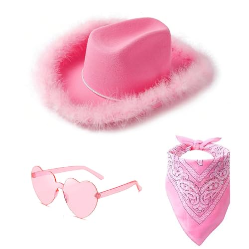 AYNKH Cowboyhut Cowgirl Herz Sonnenbrille Bandana Schal Set für Frauen Mädchen Filz Flauschige Feder Trim Hut Breite Krempe Verkleidung für Halloween Geburtstag Kostüm Party Karneval Musik Festival von AYNKH