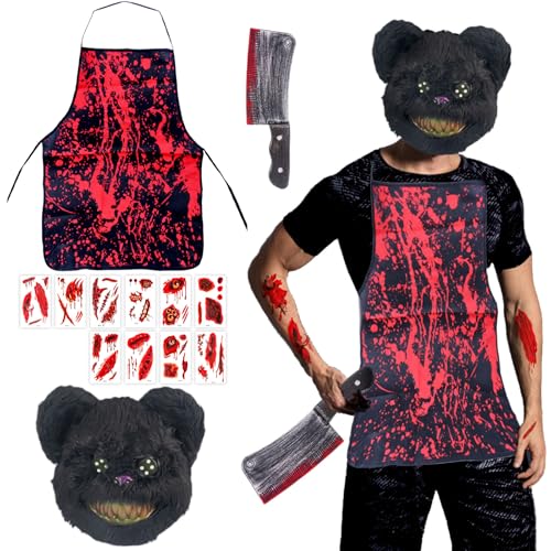 AYNKH 13Pcs Horror Bär Kostüm Set, Halloween Grusel Maske, Grusel Blutige Schürzen, Halloween Tattoo Aufkleber blutige Messer Requisiten für Jugendliche Erwachsene Halloween Party Cosplay von AYNKH