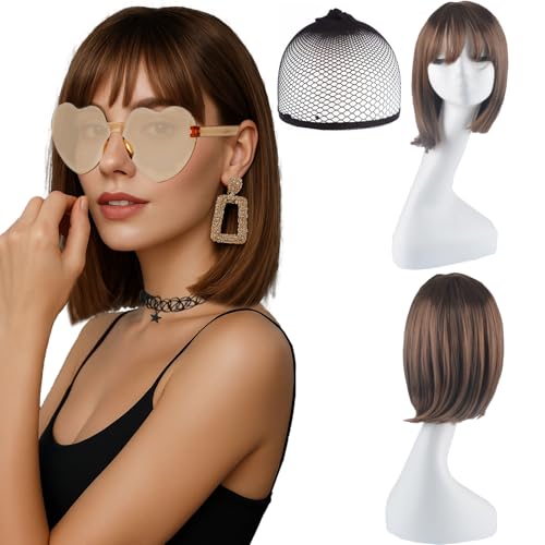 AYNKH Leichte braune Perücke Damen, Kurze Kurzhaarperücke Damen, mit Haarnetz, modisches Zubehör Set, enthält Kette und Sonnenbrille, für Cosplay und Party AYNKH Leichte braune Perücke Damen, Kurze Kurzhaarperücke Damen, mit Haarnetz, modisches Zubehör Set, enthält Kette und Sonnenbrille, für Cosplay und Party von AYNKH
