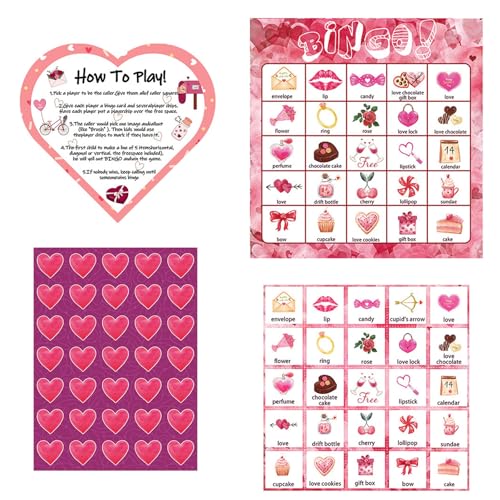 AYPOHU 24Players Valentinstag Bingo Set Bingo Spielkarten Für Kinder Party Kartenspiele Schule Klassenzimmer Familienaktivitäten von AYPOHU