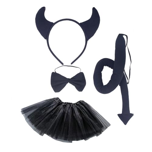 AYPOHU Halloween Rinder Dress Up Kits Kuh Horn Haarband Schwanz Rock Bowtie Cosplay Kostüm Für Kind Geburtstag Halloween Haarbänder von AYPOHU