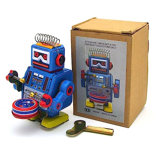 AYUNJIE Kinder Zinn Spielzeug MS406 / MS408 / MS409 Zinn Trommeln Roboter Retro Wind Up Spielzeug Vintage Sammlerstück Geschenk für Jungen Mädchen Eltern-Kind-Interaktion (Blau) von AYUNJIE