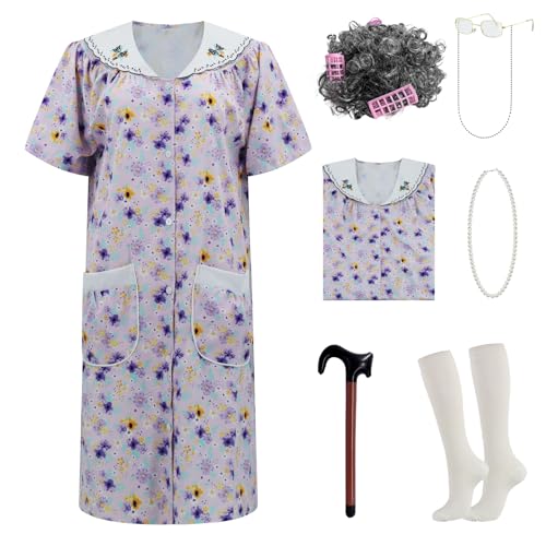 AYYOHON Alte Dame Kostüm für Damen, Oma Kostüm Kit mit Nachthemd Alte Dame Kleid Oma Kostüm Halloween Outfits L/XL von AYYOHON