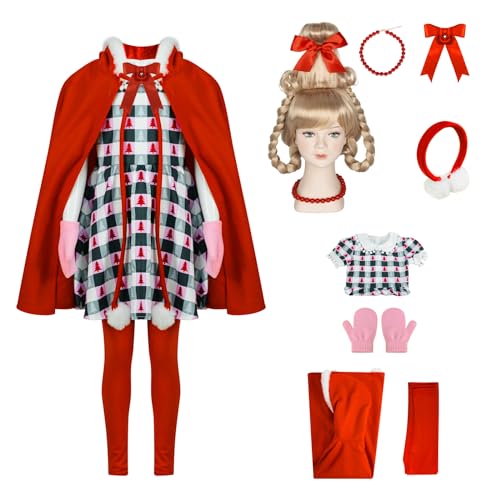 AYYOHON Cindy Lou Who-Kostüm, Kleid für Damen, 8-teilig, Weihnachtsoutfits, Umhang, Kleid, Strumpfhose, Handschuhe, Stirnband, Perücke für Fasching, Größe L von AYYOHON