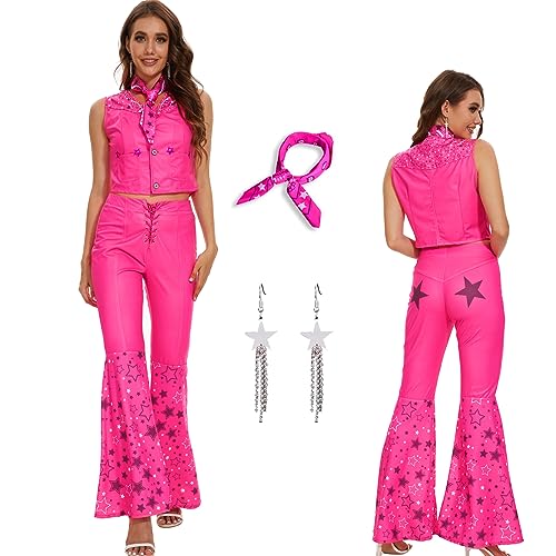 AYYOHON Cowgirl Kostüm 70er 80er Jahre Hippie Disco Outfits Rosa Weste Top Flare Pant Halloween Margot Robbie Cosplay für Frauen 2XL von AYYOHON