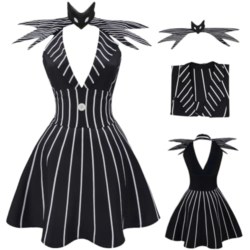 AYYOHON Damen-Weihnachtskleid, Albtraumkleid, Jack, Cosplay-Kostüm für Erwachsene, gestreiftes A-Linien-Kleid mit Fliege, Halloween-Uniform, Größe L von AYYOHON