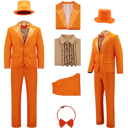 AYYOHON Harry und Lloyd Smokings Herren Fun Anzug Dumm Orange Anzug Dumm Blazer Zylinder Hut Fliege Halloween Cosplay Kostüm 2XL von AYYOHON