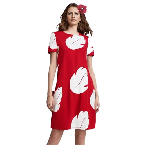 AYYOHON Lilo Cosplay Kostüm Damen Rotes Blatt Kleid Kurzarm Hawaii-Kleid mit Blume Kopfbedeckung für Halloween Party 2XL von AYYOHON