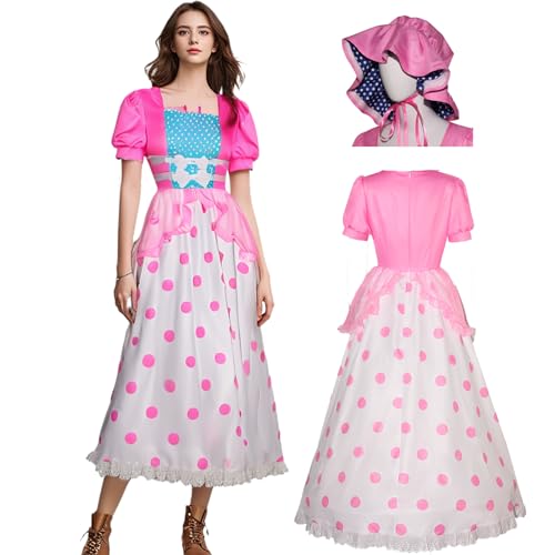 AYYOHON Little Bo Peep Kostüm für Damen mit rosa und blauer Motorhaube, Erwachsenenrock, gepunktet, Halloween, Schäferin, Outfit, Größe S von AYYOHON