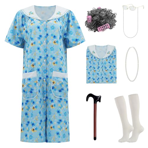 AYYOHON Old Lady Kostüm für Damen, Oma Kostüm Kit mit Nachthemd Alte Dame Kleid Oma Kostüm Halloween Outfits S/M von AYYOHON