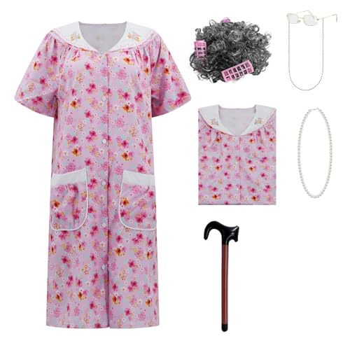 AYYOHON Old Lady Kostüm für Damen, Oma Kostüm Kit mit Nachthemd Alte Dame Kleid Oma Kostüm Halloween Outfits S/M von AYYOHON