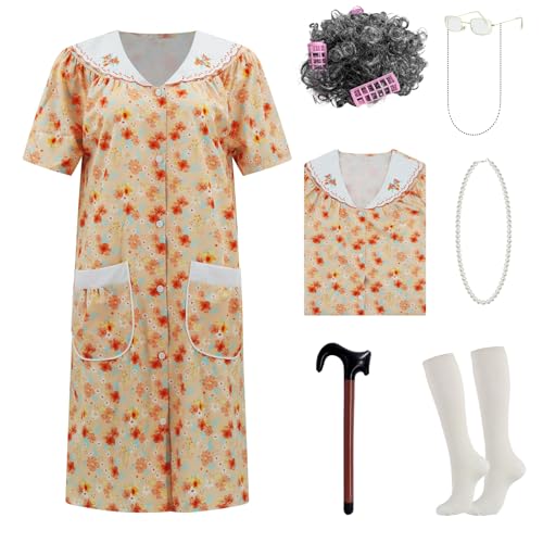 AYYOHON Old Lady Kostüm für Damen, Oma Kostüm Kit mit Nachthemd Alte Dame Kleid Oma Kostüm Halloween Outfits S/M von AYYOHON