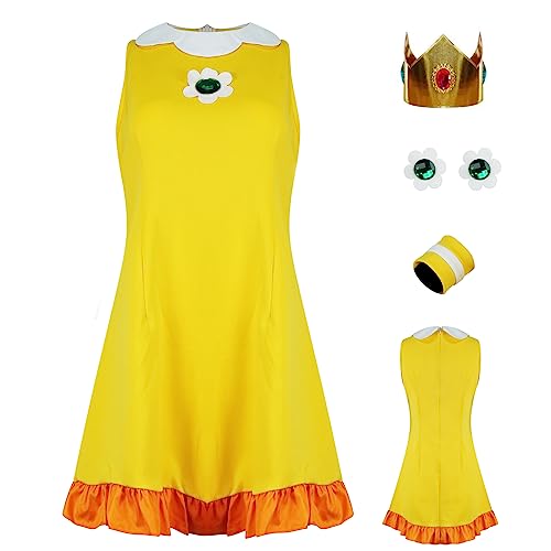 AYYOHON Prinzessin Pfirsich Cosplay Kostüm Damen Prinzessin Daisy Rosalina Tenniskleid mit Krone Ohrringe Erwachsene Halloween Anzug L, Gänseblümchen 2 von AYYOHON