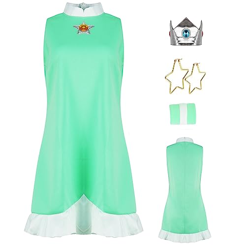 AYYOHON Prinzessin Pfirsich Cosplay Kostüm Damen Prinzessin Daisy Rosalina Tenniskleid mit Krone Ohrringe Erwachsene Halloween Anzug S von AYYOHON