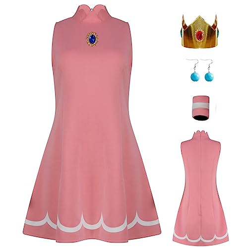 AYYOHON Prinzessin Pfirsich Cosplay Kostüm Damen Prinzessin Gänseblümchen Rosalina Tenniskleid mit Krone Ohrringe Erwachsene Halloween Anzug M von AYYOHON