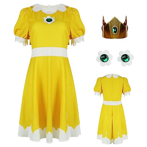 AYYOHON Prinzessin Pfirsich Cosplay Kostüm Damen Prinzessin Gänseblümchen Rosalina Tenniskleid mit Krone Ohrringe Erwachsene Halloween Anzug S von AYYOHON