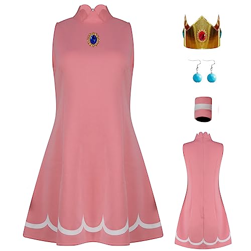 AYYOHON Prinzessin Pfirsich Cosplay Kostüm Damen Prinzessin Gänseblümchen Rosalina Tenniskleid mit Krone Ohrringen Erwachsene Halloween Anzug L von AYYOHON