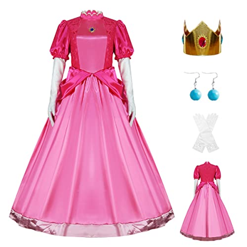 AYYOHON Prinzessin Pfirsich-Kostüm für Damen, 2023, Superbrüder, Cosplay, Kleid, Krone, Ohrringe, Handschuhe, komplettes Set, Erwachsenen-Halloweenanzug, Größe M von AYYOHON