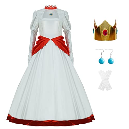 AYYOHON Prinzessin Pfirsich-Kostüm für Damen, 2023, Superbrüder, Cosplay, Kleid, Krone, Ohrringe, Handschuhe, komplettes Set, Erwachsenen-Halloweenanzug, Größe M von AYYOHON