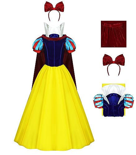 AYYOHON Prinzessin Schnee Kostüm Erwachsene Damen Halloween Cosplay Kleid mit Schleife Kopfbedeckung Umhang M von AYYOHON