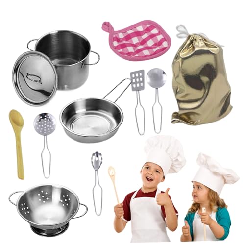 12 -pcs Kindertöpfe und Pfannen Playset, Edelstahlspiel -Spielküche Accessoires mit Suppe Pot Pan Shovel Löffel Bag Kinder Koch Rollenspiel Kochspielzeug für Kinder spielen Küchentöpfe und Pfannen von AZIDWERYQ