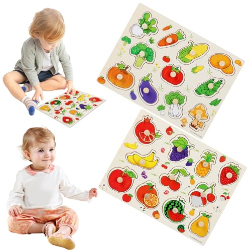 AZIDWERYQ 2pcs hölzerne Peg-Rätsel, farbenfrohe Frucht- und Gemüsestile Peg-Rätsel, Kinderpraxis-Peg-Puzzlespielzeug für 3-7 Jahre altes Kind der Kinder. von AZIDWERYQ