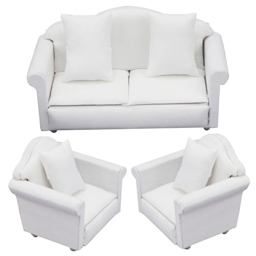 AZIDWERYQ 3pcs Dollhouse Couch mit Kissen 1 12 Skala Miniatursofa Armstuhl Dollhouse Möbel und Zubehör Spielzeug für Dollhouse Wohnzimmer Armstühle Weiß weiß von AZIDWERYQ