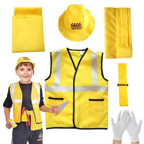 AZIDWERYQ 6PCS -Bauarbeiter Kostüm Kids, weiche und komfortable Kleinkind -Bauarbeiter Kostüm, Leichte Polyester Builder Kostüm Kids, Tischler Rollenspiel Set für Kinderbuilder Kostüm Kinder von AZIDWERYQ