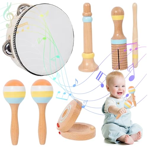 AZIDWERYQ Baby -Musikinstrumente 6PCs/Set Educational Hölzerner Kleinkind -Musikinstrumente umfassen Tamburin, Sandhammer, Castanets und mehr, Montessori -Spielzeug für Zuhause, Vorschule, Baby von AZIDWERYQ