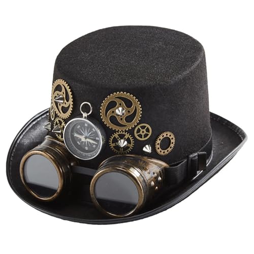 AZIDWERYQ Black Steampunk Top Hut, Steampunk Kostümhut mit abnehmbaren Schutzbrillen Halloween Vintage Hat Unisex Gothic Steampunk Top Hats für Erwachsene Männer und Frauen von AZIDWERYQ