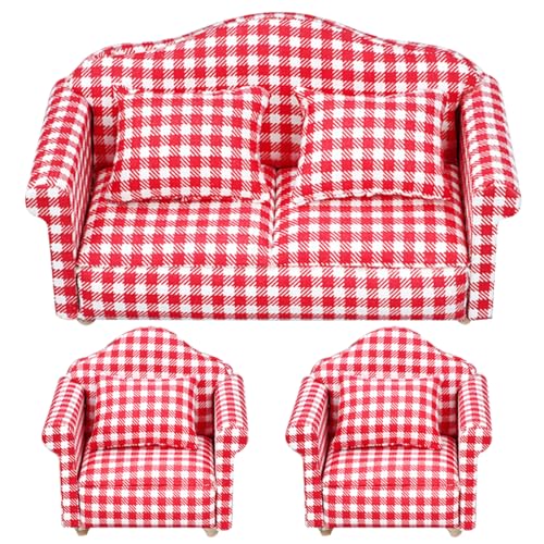 AZIDWERYQ Dollhouse Couch mit Kissen 3PCS Mini Dollhouse Sofa 1 12 Skala Dollhouse Möbel und Zubehör Spielzeug für Dollhouse Wohnzimmer Armstühle rote Plaidstil Dollhouse Sofa von AZIDWERYQ