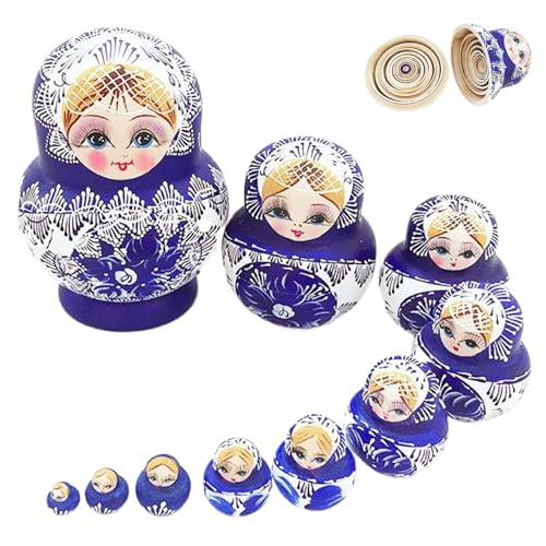 AZIDWERYQ Nistpuppen 1 Set (10pcs) Mädchen Muster Matryoshka Puppe Holzblau Matrioshka Russische Nistpuppen Stapelspielzeug für Kinder, Heimdekoration, Geschenke für Kinder Russische Nistpuppen von AZIDWERYQ