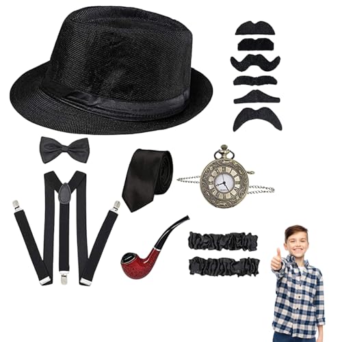 Die 1920er Jungen Gangster Kostüm Set, Kostüm der 1920er Jahre für Kinder umfasst Fedora Hut, Krawatte, Bogen, Hosenträger, Pocket Watch & More, Kinder -Sachen für Abschlussball, Party, Dress -up von AZIDWERYQ