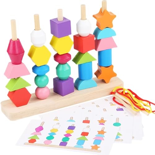 Schnürung Perlen Kleinkinder Feinmotorische Fähigkeiten Holzschnürung Perlen Sequencing Toy Set einschließlich 8pcs doppelseitige Musterkarten, 2 Spitze, 10 Farbenperlen, passende Formfarben Stapelsp von AZIDWERYQ