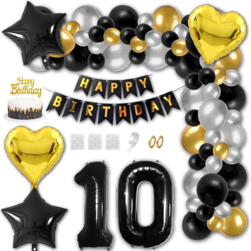 Aabellay 10 Jahre Geburtstag Dekorationen Schwarz Geburtstagsdeko Happy Birthday Banner Gold Konfetti Luftballons Nummer Folienballons Stern Mylar Foil Ballon Tortendeko für Mann Frauen von Aabellay