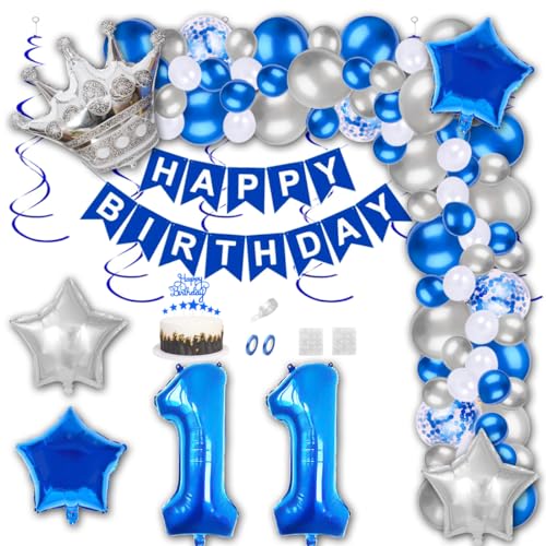 Aabellay 11 Jahre Geburtstag Dekorationen Blau Geburtstagsdeko Happy Birthday Banner Silber Konfetti Luftballons Nummer Folienballons Krone Stern Mylar Foil Ballon Tortendeko für Mann Frauen von Aabellay