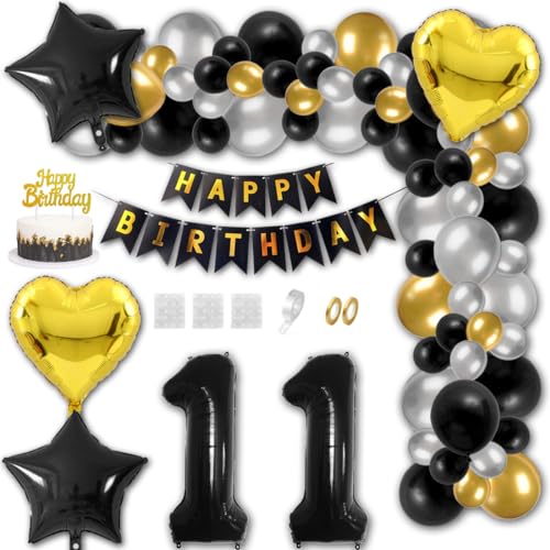 Aabellay 11 Jahre Geburtstag Dekorationen Schwarz Geburtstagsdeko Happy Birthday Banner Gold Konfetti Luftballons Nummer Folienballons Stern Mylar Foil Ballon Tortendeko für Mann Frauen von Aabellay