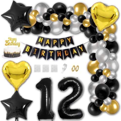 Aabellay 12 Jahre Geburtstag Dekorationen Schwarz Geburtstagsdeko Happy Birthday Banner Gold Konfetti Luftballons Nummer Folienballons Stern Mylar Foil Ballon Tortendeko für Mann Frauen von Aabellay