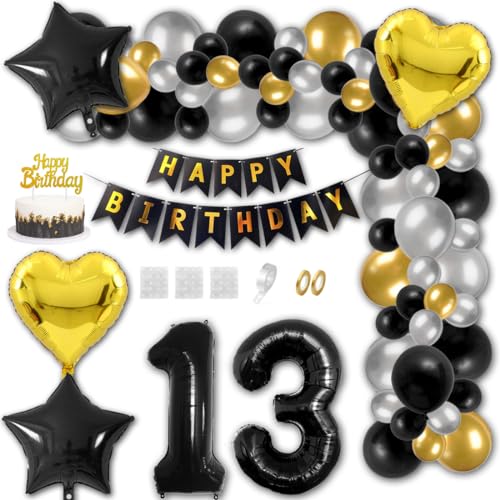 Aabellay 13 Jahre Geburtstag Dekorationen Schwarz Geburtstagsdeko Happy Birthday Banner Gold Konfetti Luftballons Nummer Folienballons Stern Mylar Foil Ballon Tortendeko für Mann Frauen von Aabellay