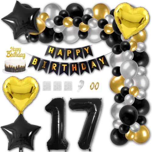 Aabellay 17 Jahre Geburtstag Dekorationen Schwarz Geburtstagsdeko Happy Birthday Banner Gold Konfetti Luftballons Nummer Folienballons Stern Mylar Foil Ballon Tortendeko für Mann Frauen von Aabellay