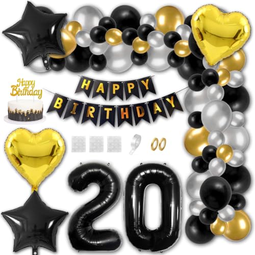 Aabellay 20 Jahre Geburtstag Dekorationen Schwarz Geburtstagsdeko Happy Birthday Banner Gold Konfetti Luftballons Nummer Folienballons Stern Mylar Foil Ballon Tortendeko für Mann Frauen von Aabellay