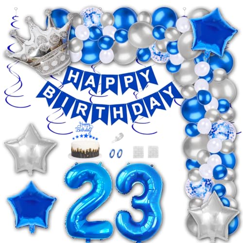 Aabellay 23 Jahre Geburtstag Dekorationen Blau Geburtstagsdeko Happy Birthday Banner Silber Konfetti Luftballons Nummer Folienballons Krone Stern Mylar Foil Ballon Tortendeko für Mann Frauen von Aabellay