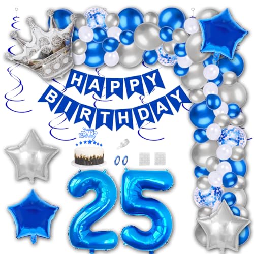 Aabellay 25 Jahre Geburtstag Dekorationen Blau Geburtstagsdeko Happy Birthday Banner Silber Konfetti Luftballons Nummer Folienballons Krone Stern Mylar Foil Ballon Tortendeko für Mann Frauen von Aabellay