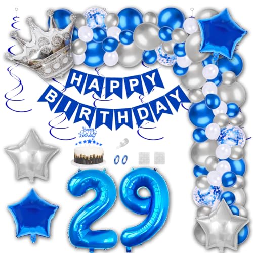 Aabellay 29 Jahre Geburtstag Dekorationen Blau Geburtstagsdeko Happy Birthday Banner Silber Konfetti Luftballons Nummer Folienballons Krone Stern Mylar Foil Ballon Tortendeko für Mann Frauen von Aabellay